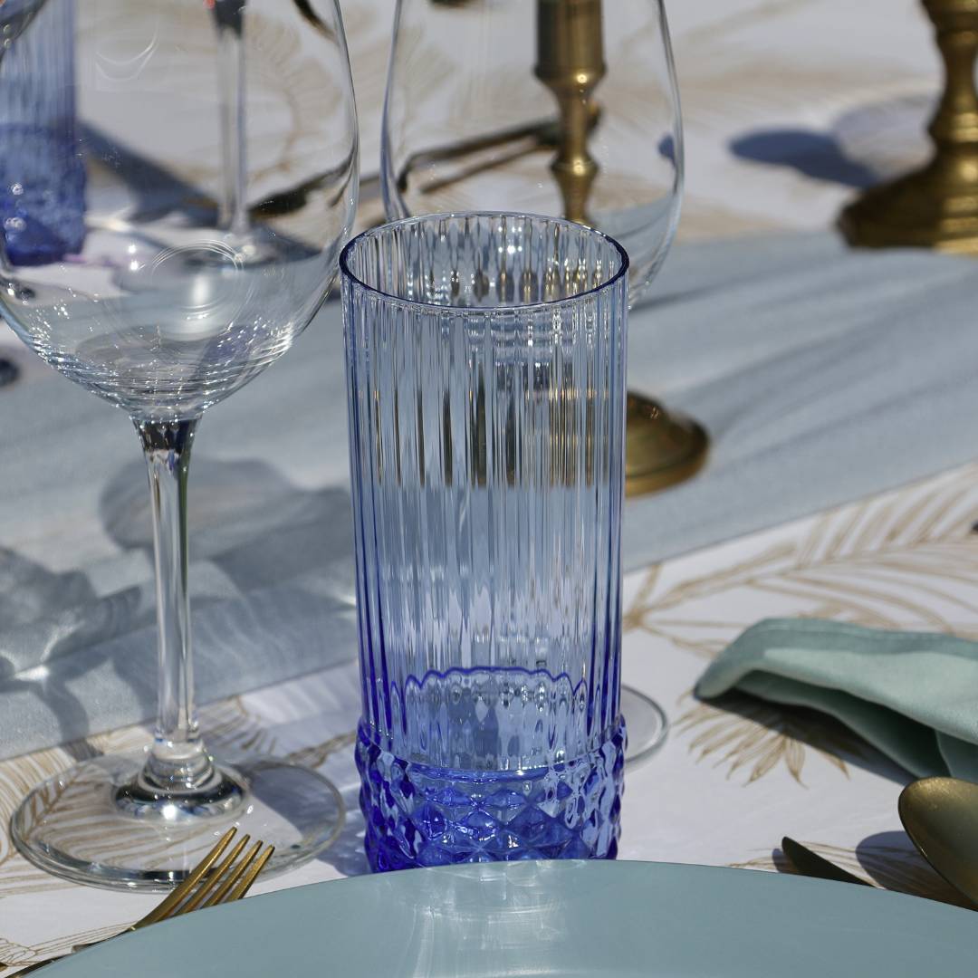 Gläser leihen Berlin Hochzeit, Firmenfeier, Geburtstag - Gläserverleih - Lasate - Wasserglas Longdrinkglas Blau mieten