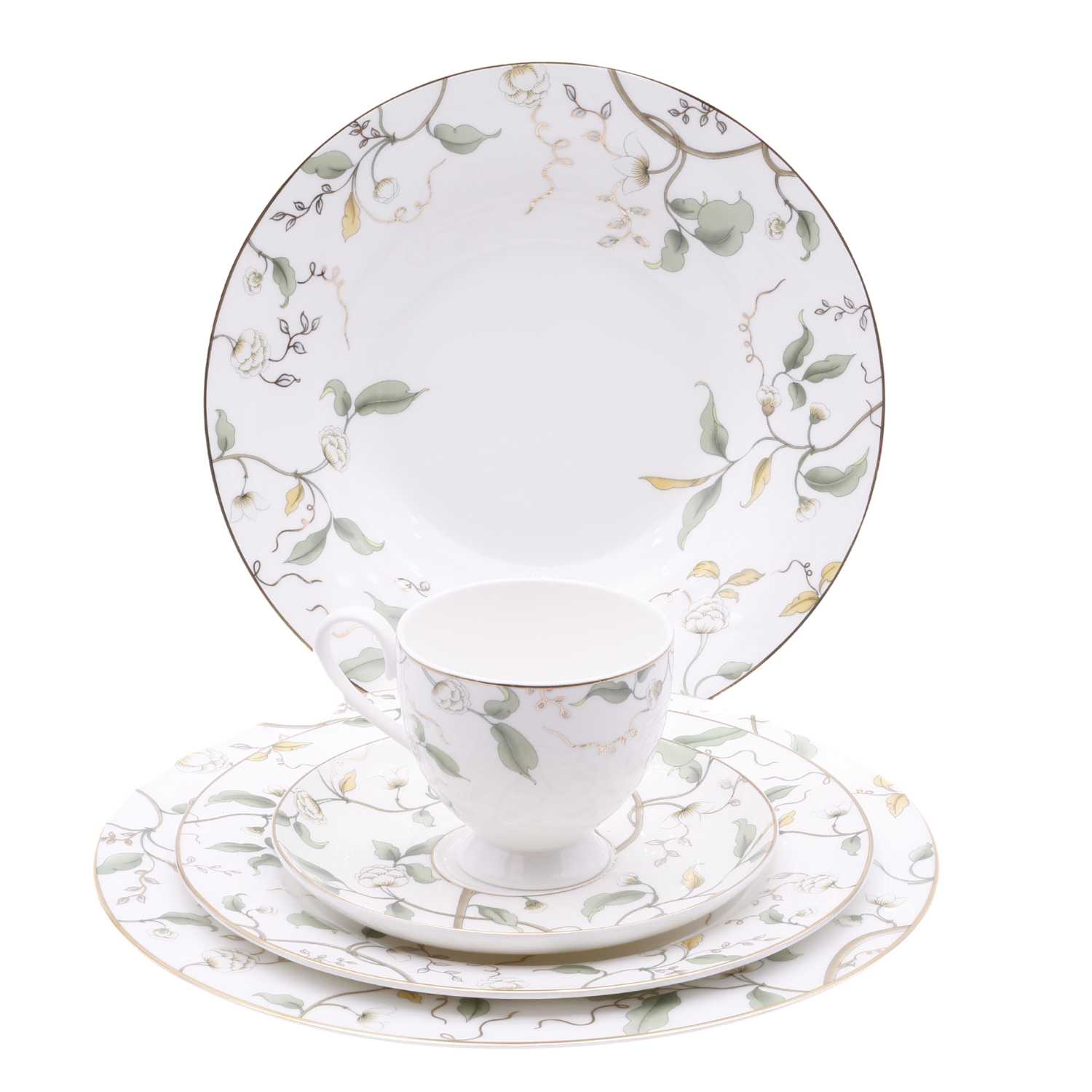 Teller, Tassen mieten Berlin Hochzeit, Firmenfeier, Geburtstag - Geschirrverleih - Lasate - Geschirr Grün Gold Set