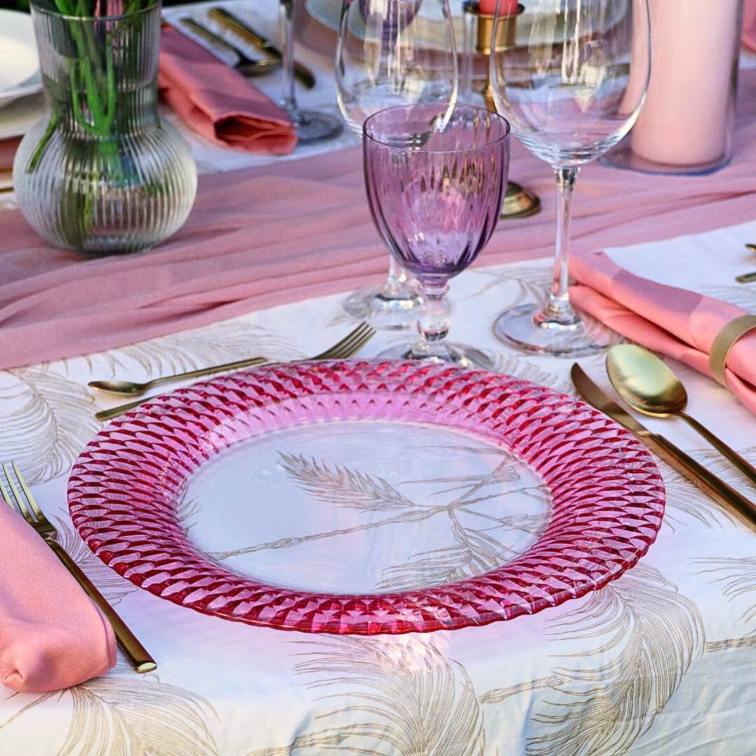 Platzteller mieten Berlin Hochzeit, Firmenfeier, Geburtstag - Platztellerverleih - Lasate - Platzteller Glas Rosa Gemustert Villeroy Boch